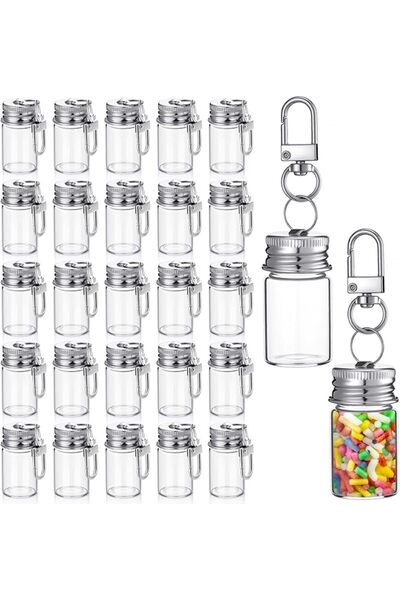TERRIFI 24 Pcs Bulk Clear Mini Glass Bottles with Aluminum Lids and Keychain ...