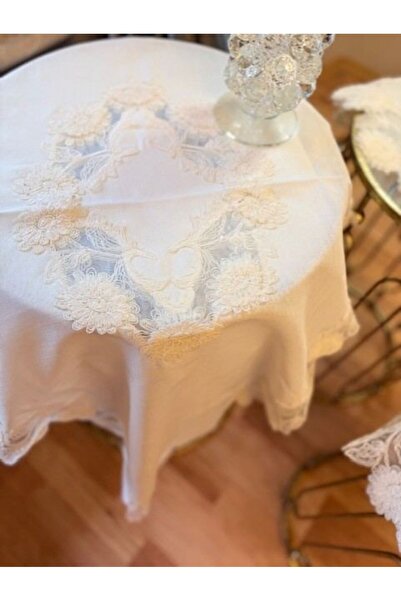 Ceki Home Beige Dowry Flowers Model 5 Piece Linen Lace Living Room Set Runner...