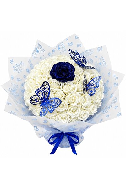 velve Premium floral bouquet with 51 soap roses, decorative butterflies, glit...