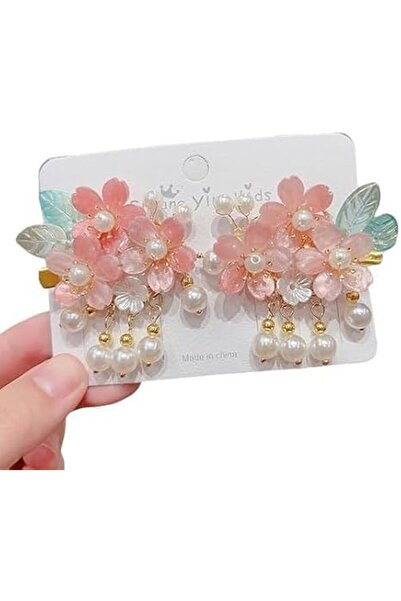Parlberd Pink Flower Pearl Hair Clips for Girls, 2Pcs Chinese-Style Hanfu Hai...