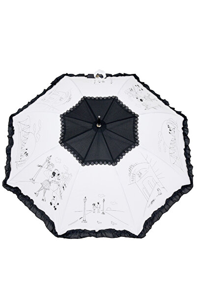 Parasol Umbrela lunga automata pentru doamne - Parisian, alba cu volan negru