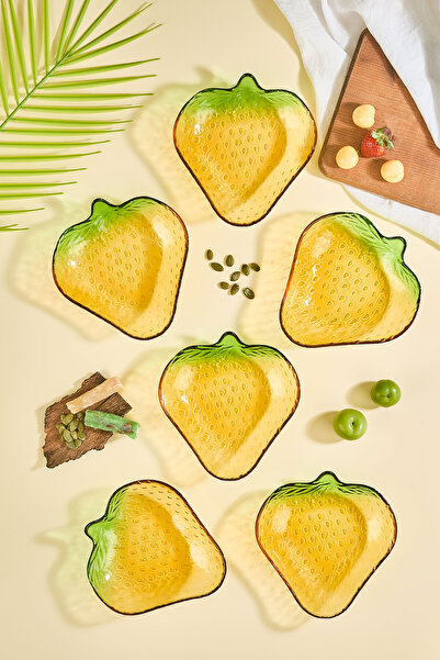 Lora Bianca Nella Set of 6 Yellow Strawberry Shaped Glass Snack/Fruit/Appetiz...