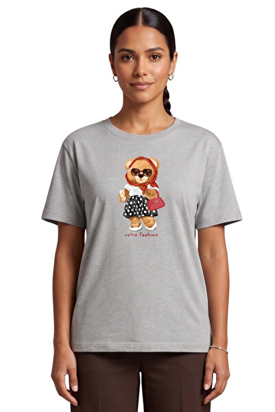 DK DAKSEL Women's Gray Retro Teddy Bear Printed T-Shirt Comfortable Fit 100% ...