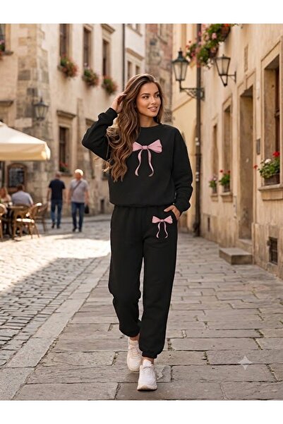 WOODROFFE Women's Pink Ribbon Printed Crew Neck Tracksuit Set Oversize