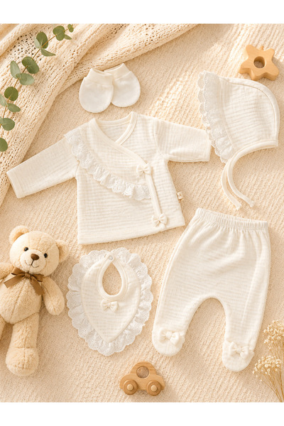 Linda Harris 100% Jacquard Bowknot Ecru 5-Piece Newborn Baby Girl Hospital Di...