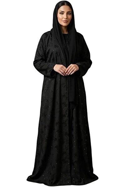 Generic Women's Black Abaya with Embellished Lace Cuffs and Hem, Full-Length ...