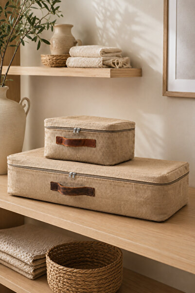 Dathcha Beige Jute Storage Bag S + L Set of 2 Foldable Fabric Storage Bag Clo...