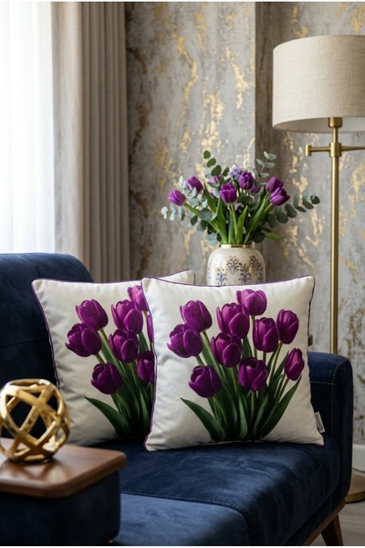 Rayda Home Decorative Floral Patterned Purple Tulip Throw Pillow Cover Set of 2 Modern Home Decor