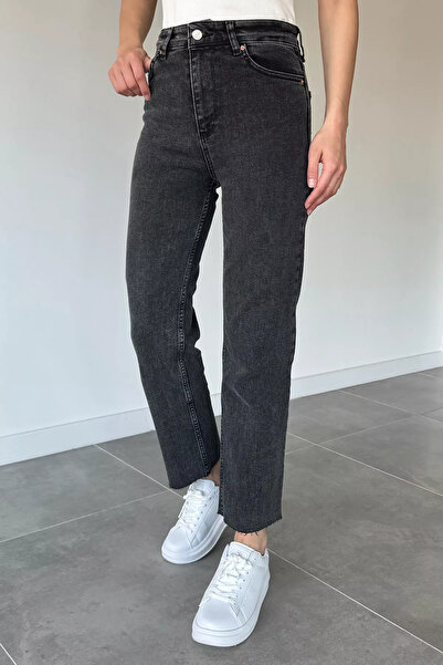Aryena Anthracite Women's High Waist Raw Hem Jean Denim Trousers