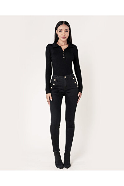 Nina Carter Blugi slim negri de damă cu nasturi P217-8A M9