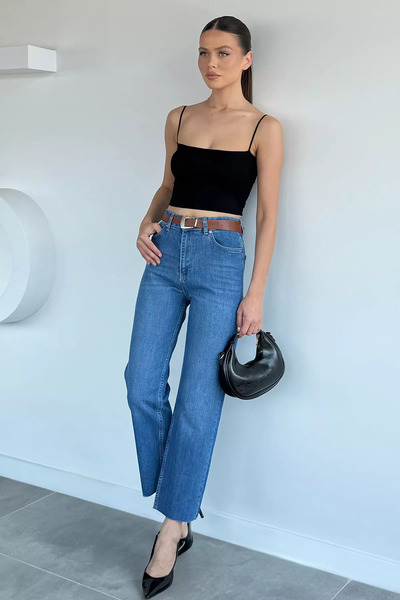 Aryena Blue Women's Belted Cut-Out Leg Jeans