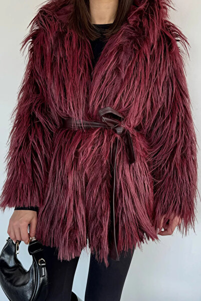 Aryena Burgundy Women's Lined Fur Coat (Available in Sizes S-M-L-Xl)
