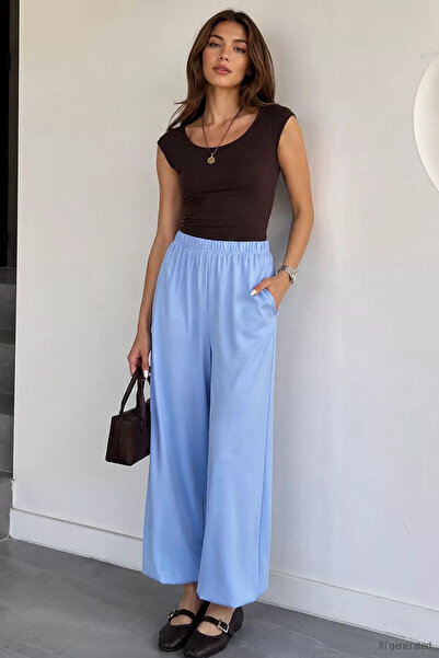 Aryena Blue Women's Shalwar Model Trousers with Elastic Waist and Cuffs