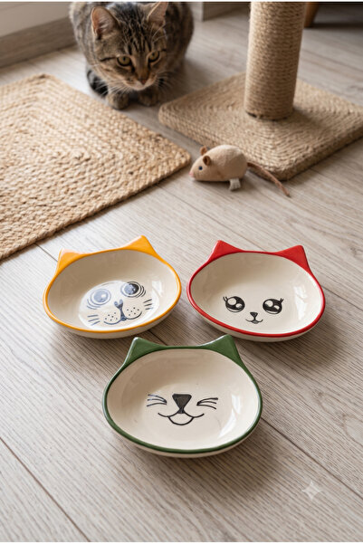 Homerest Kedi Mama Kabı Seramik 3'lü Set Figürlü Kedi Yüzü Desenli Renkli Kul...