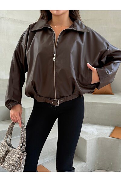 ginger love Women's Brown Zippered Leather Oversized Coat