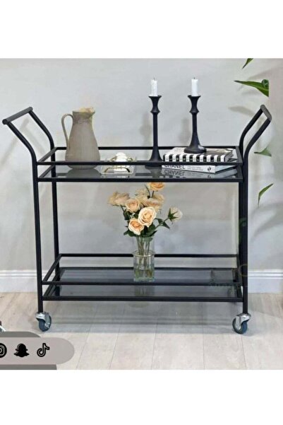 Bareeq Al Ostoura Black Color Serving Trolley with Glass Top