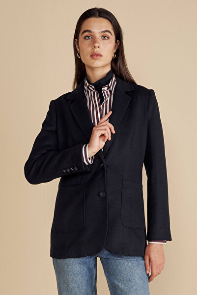 BROOKS BROTHERS Kadın Lacivert Kaşmir Karışımlı Mono Kapama Puntolu Blazer
