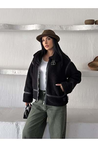 Bonne Maison Oversized Plush Coat with Premium Leather Detailing