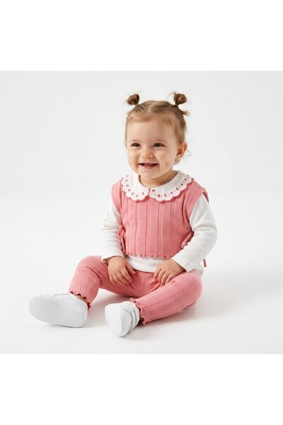 Kids Kingdom Side-Tie Vest, Detailed Embroidery, Collared Baby Girl 3-Piece Set