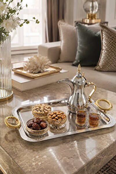 Generic Luxury Indian Serving Tray with Round Gold Handles (31X45Cm) - a Fusi...
