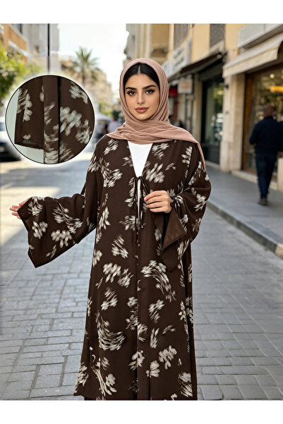 Noon Noora Chiffon Printed Cardigan Abaya - Lined - with Straps on Chest - wi...