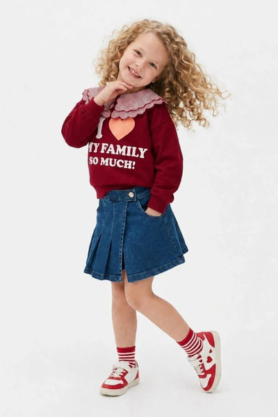 Minigimin Cicileri Love My Printed Denim Shorts Skirt 2-Piece Girls' Set - Red