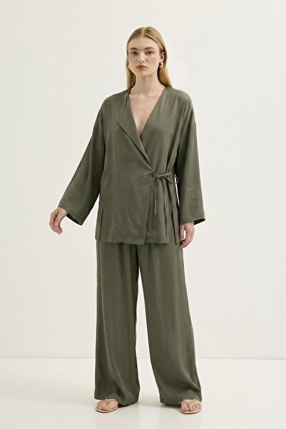 KADRİYE BAŞTÜRK Tie-Up Kimono Modal Trousers Set Khaki