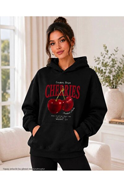 TREND EMMODA Women's Oversize Cherries Printed Hooded Kangaroo Pocket Sweatsh...