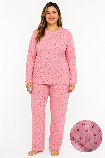 FAMES PİJAMA Plus size seasonal pointelle cherry print pajama set