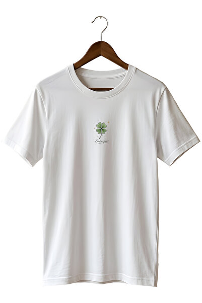WİDİ Four Leaf Clover Lucky You Printed Unisex T-Shirt Minimal Cotton Crew Ne...