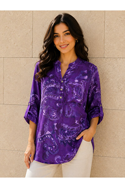 AGORATEKSTİL Women's Original Italian Cotton Fabric 3 Buttons Patterned Shirt...