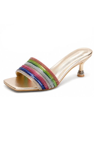 Generic Brand Women's Iridescent Crystal Strap Square Toe Thin Heel House Sli...