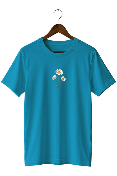 remonz Minimal Daisy Flower Printed Unisex T-Shirt Cotton Crew Neck Basic T-S...