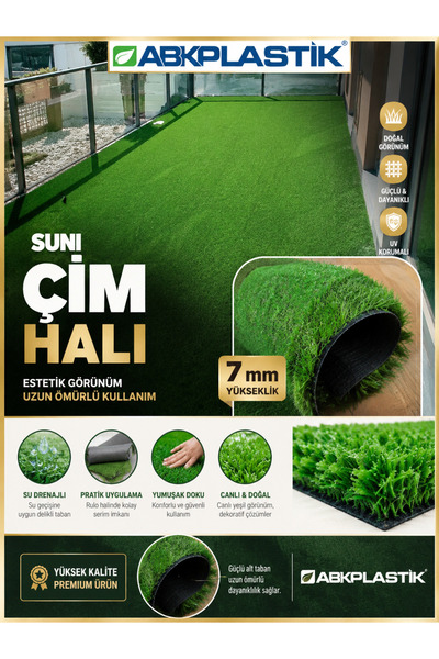 ABK PLASTİK 7 mm Suni Çim Halı UV Korumalı Balkon Bahçe