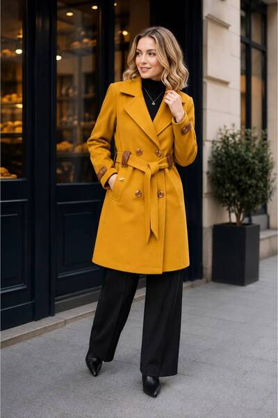 MOT Leather Detailed, Double-Breasted Buttoned, Classic Collar Long Winter Coat