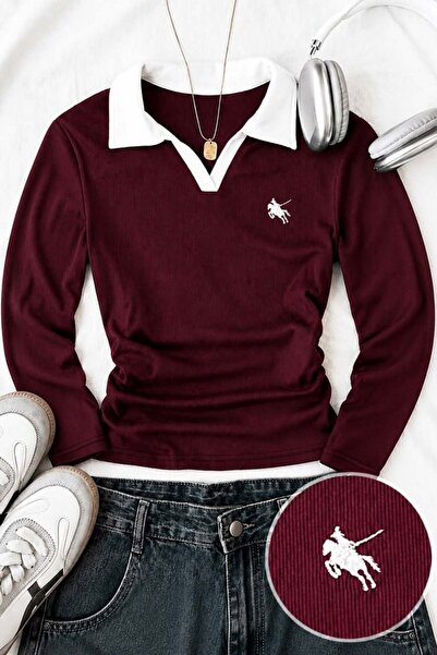 BALİNA Bordo Polo Yaka Nakışlı Büzgülü Bluz