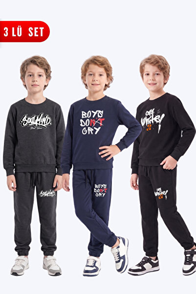 FYK KİDS 3-Piece Boys' Printed Crew Neck Double Pocket Tracksuit Set