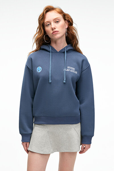 ETHIQUET Slopane Women's Relaxed Fit Hooded Printed Navy Blue Sweatshirt