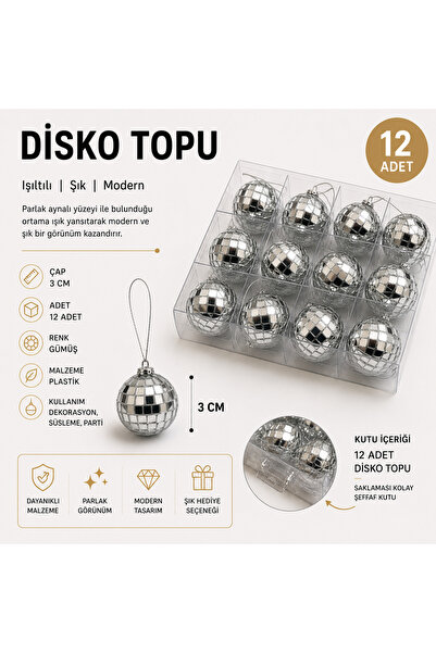 pratikpastacılık 3 CM 12’li Gümüş Ayna Top Yılbaşı Ağacı Süsü – Dekoratif Noe...