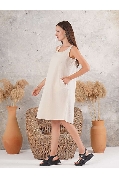 Flubutik Women's Sleeveless Cotton Dress with Pockets Cream
