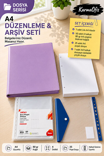 KarmaOfis A4 Düzenleme ve Arşiv Seti 4 Halkalı Lila Klasör | 50 Yaprak 80 Gr ...