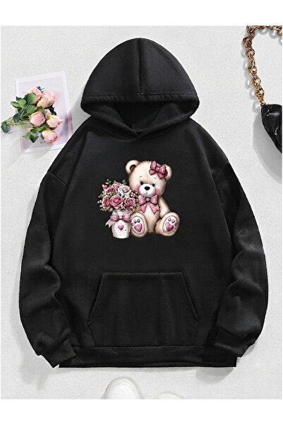 uyguntarz Unisex Cute Teddy Bear Printed Oversize Hooded Sweatshirt