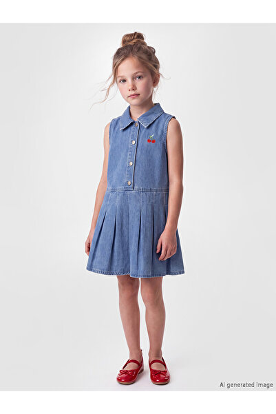 LC Waikiki Trendlucky Girl's Jean Dress with Shirt Collar and Pleated Design