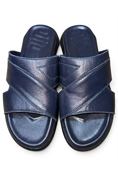 SHOP MALL Genuine Leather Handmade Navy Blue Men's Slippers