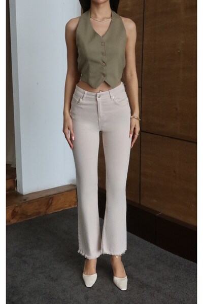Clothes Fast Pantaloni de damă BEJ cu talie înaltă, cu ciucuri și croială eva...