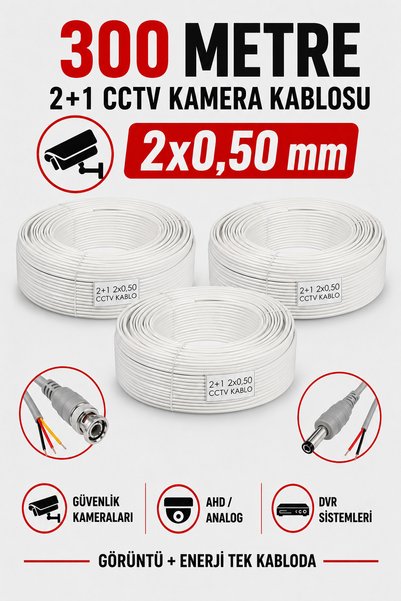 Kasliva 300 Metre CCTV Güvenlik Kamera Kablosu - 2+1 2x0,50 mm AHD Analog Kam...