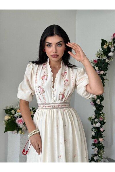 Clothes Fast Women's Pink Floral Patterned Buttoned Gathered Waist Balloon Sl...
