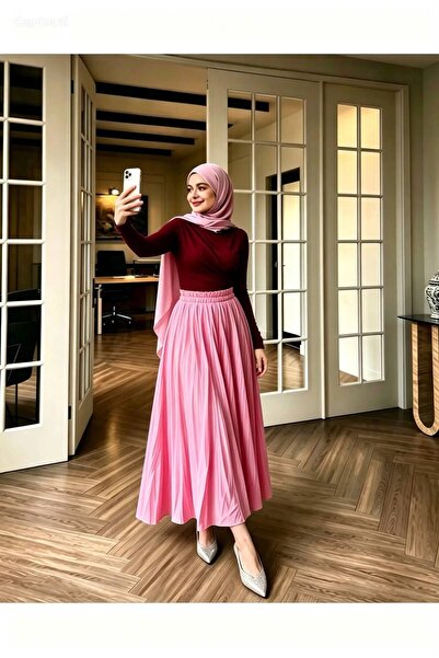SAMSA Kadın Beli Lastikli Kırışık Astarlı Etek Vual Kumaş İç Göstermez Rahat ...