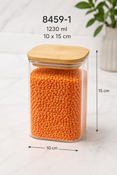 Karçiçeği Home 12’li 1230 ml Kare Borosilikat Cam Kavanoz Seti – Bambu Kapaklı Vakumlu - 8459-1
