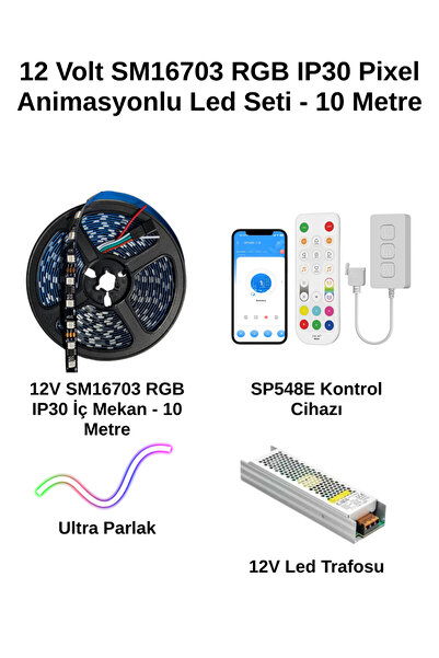 SM16703 Ultra Parlak RGB Pixel LED Seti | SP548E Wi-Fi Kontrolcü + 12V Güç Kaynağı | 5-20 Metre